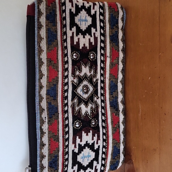 ruggine Handbags - Red and Blue Embellished Geometric Clutch with Southwestern Patterns